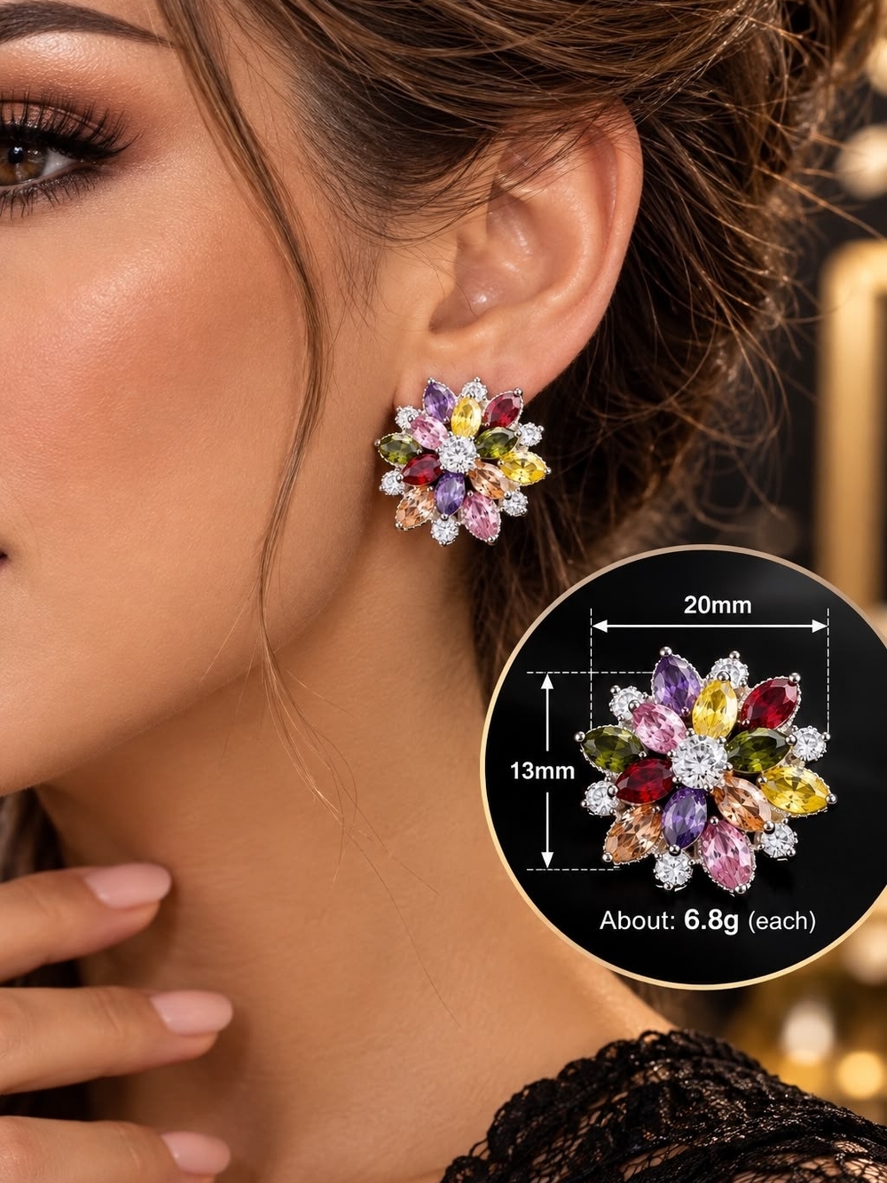 Multi-Color Crystal Floral Cluster Stud Earrings - Women Jewelry